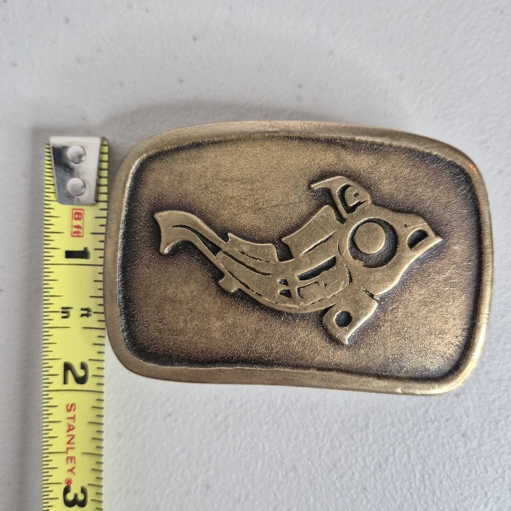 Vintage 1970s Sandcast Bronze Totem Art Salmon Fish Belt Buckle by Rainbow Metal
